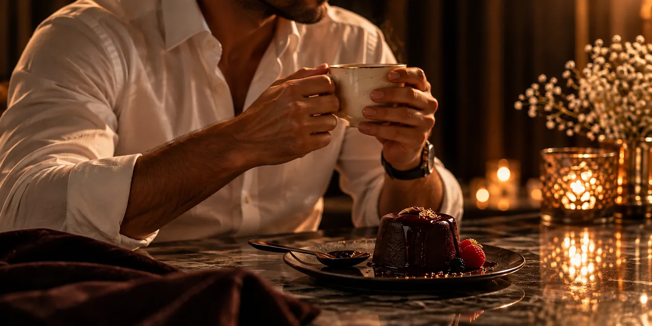 Homem com café e sobremesa de chocolate em ambiente aconchegante à luz de velas