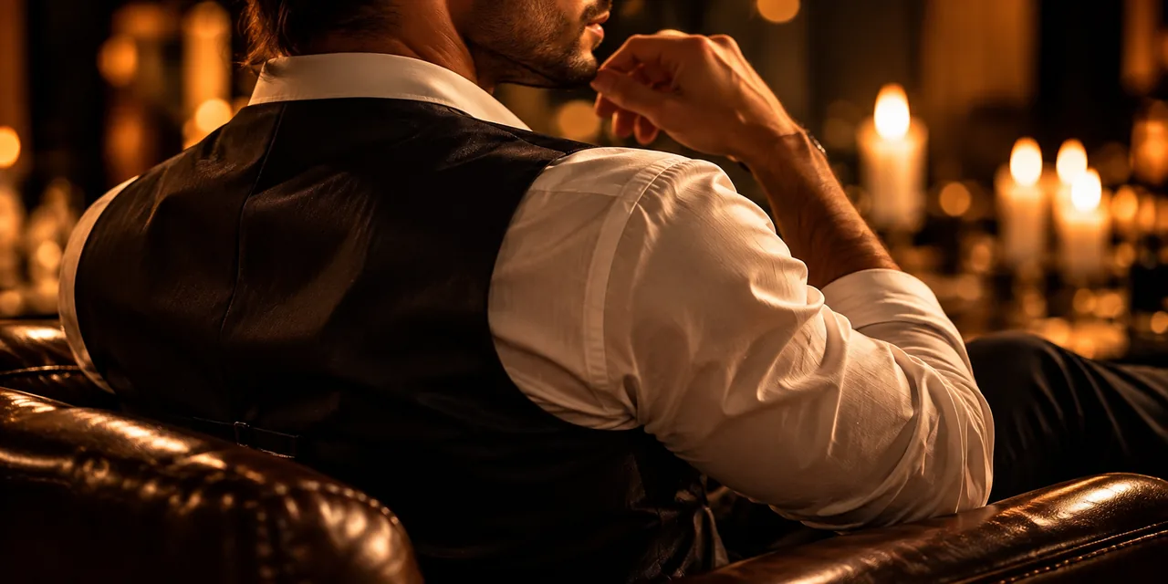 Homem elegante em ambiente intimista iluminado por velas