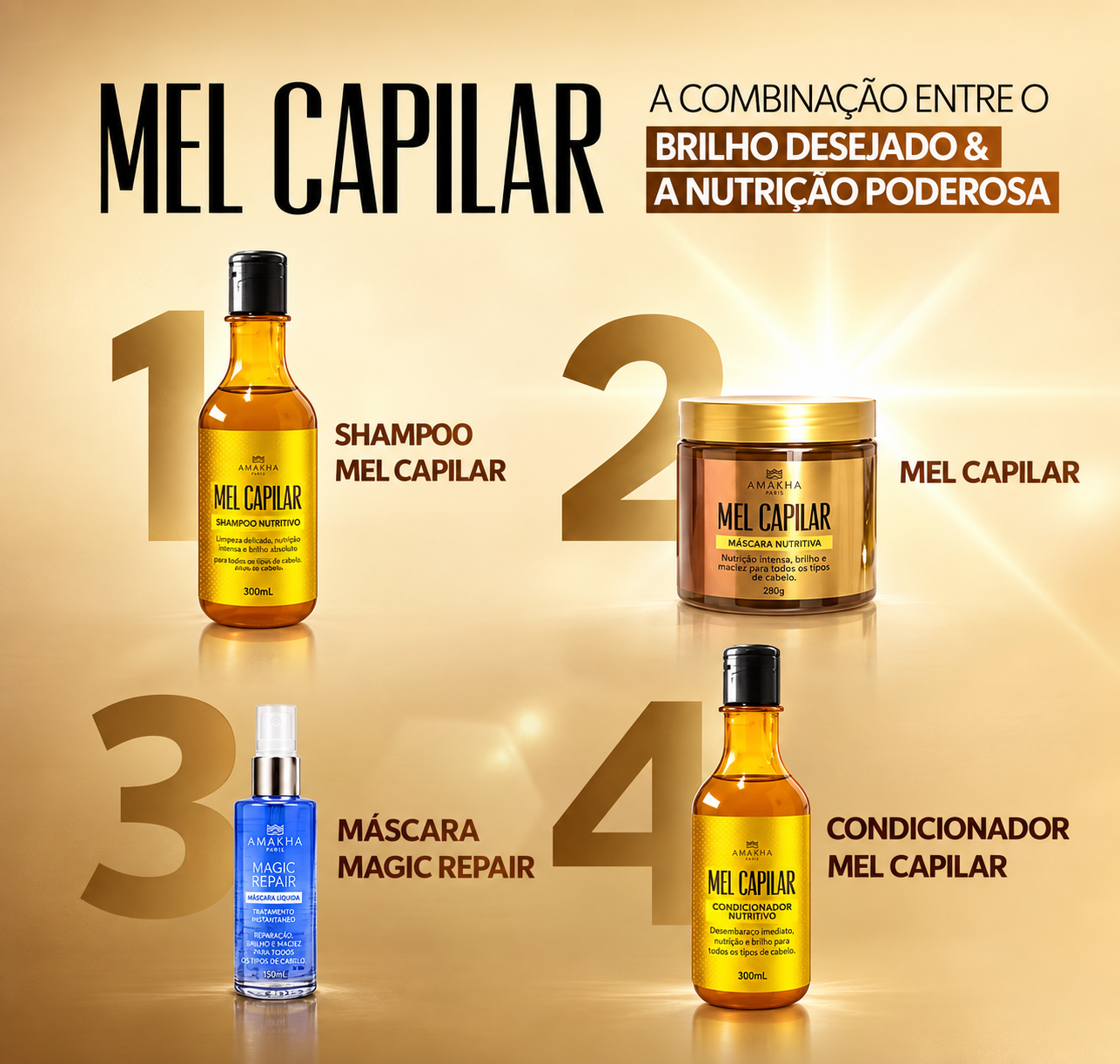Rotina Mel Capilar em 4 passos: Shampoo Mel Capilar, Máscara Mel Capilar, Máscara Magic Repair e Condicionador Mel Capilar