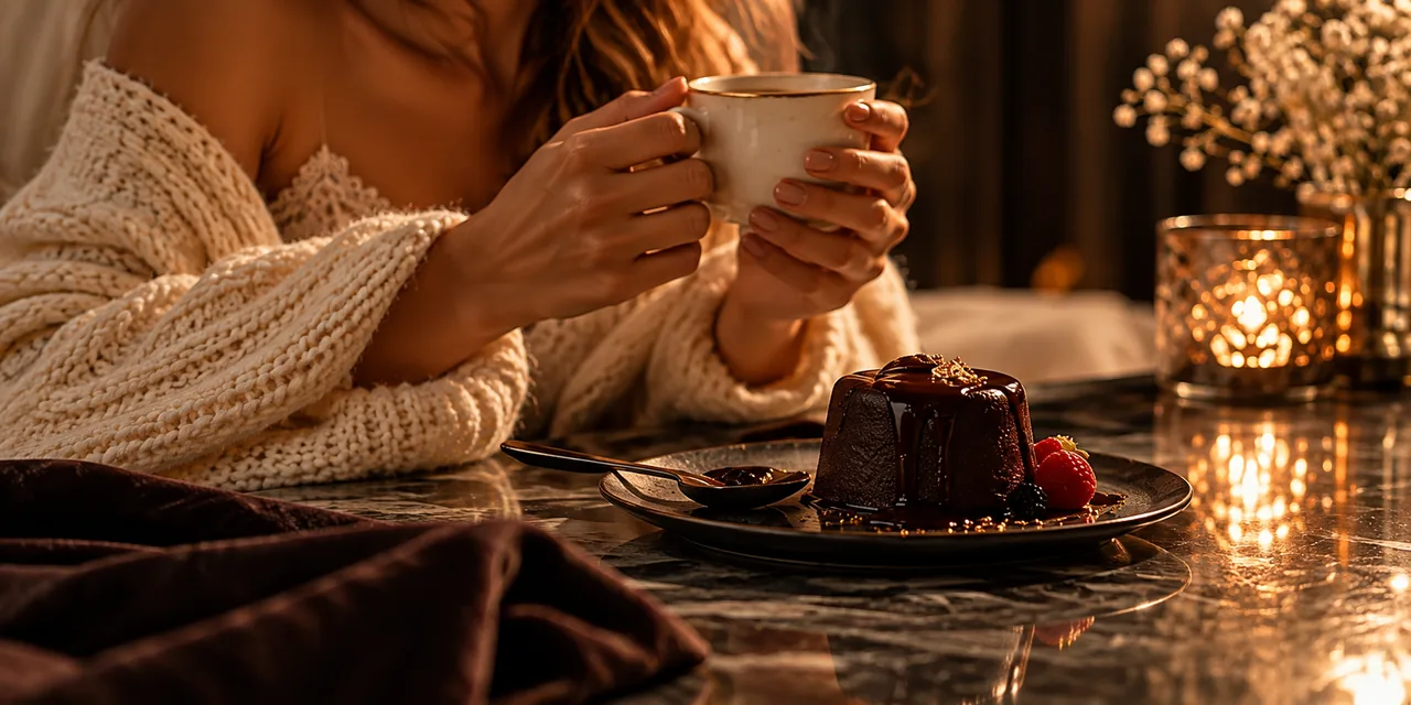 Mesa aconchegante com sobremesa cremosa em luz baixa
