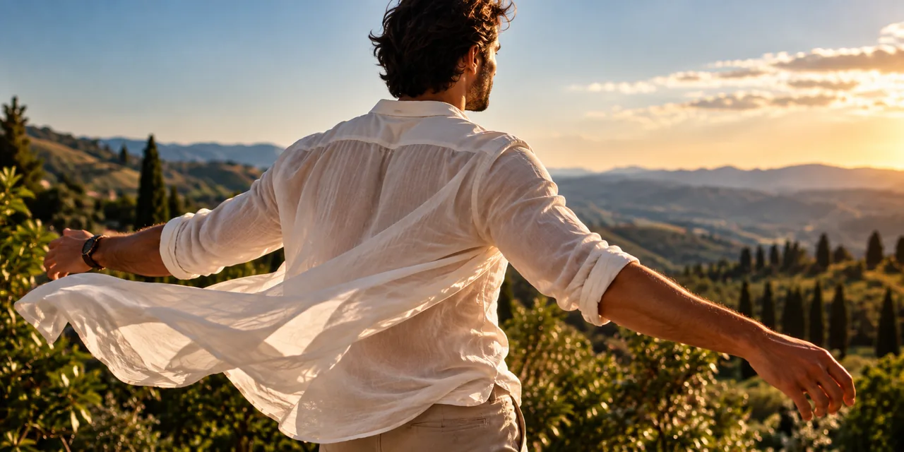 Homem de camisa branca contemplando um vale aberto ao pôr do sol