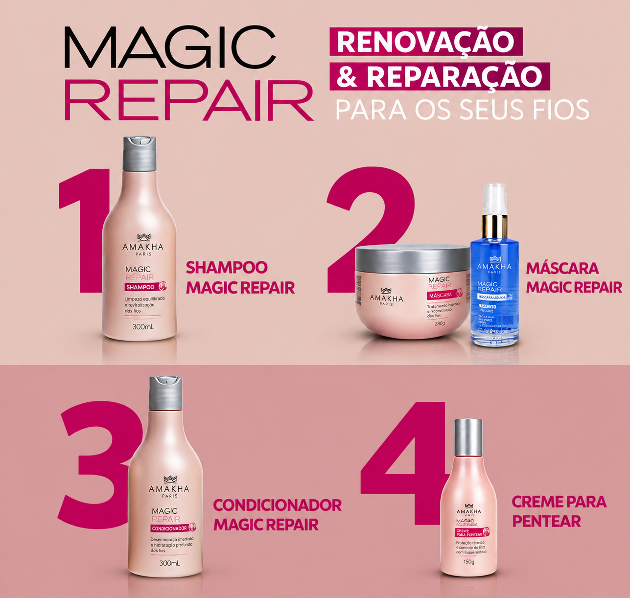 Rotina Magic Repair em 4 passos: Shampoo Magic Repair, Máscara Magic Repair, Condicionador Magic Repair e Creme para Pentear Magic Repair