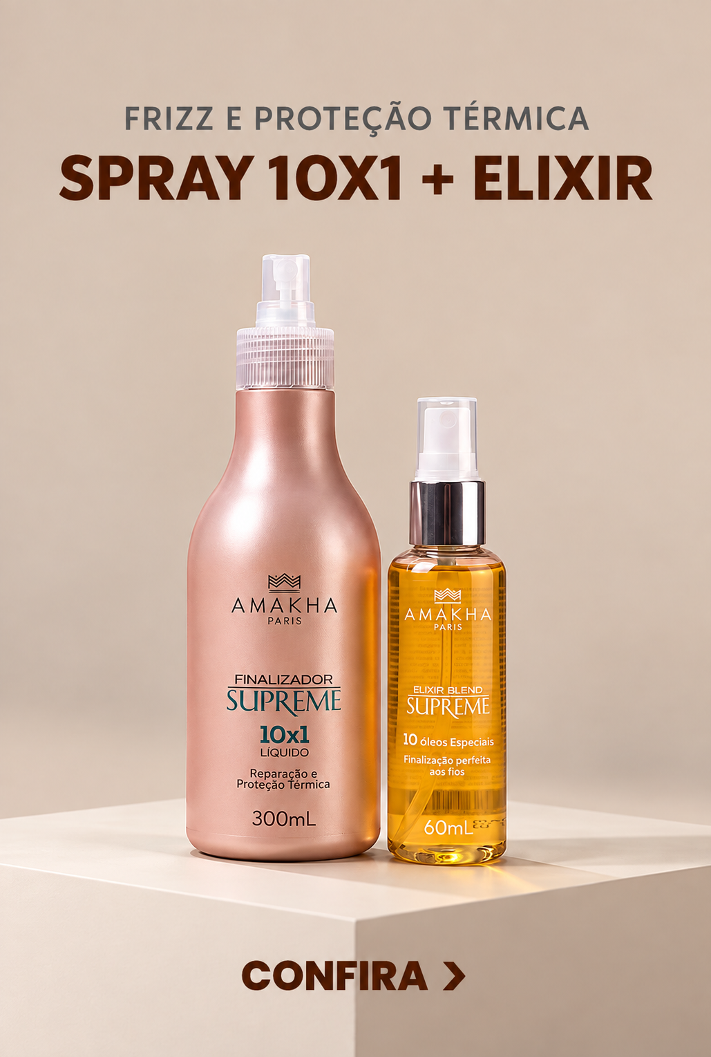 Frizz e proteção térmica — Spray 10x1 e Elixir Blend Supreme